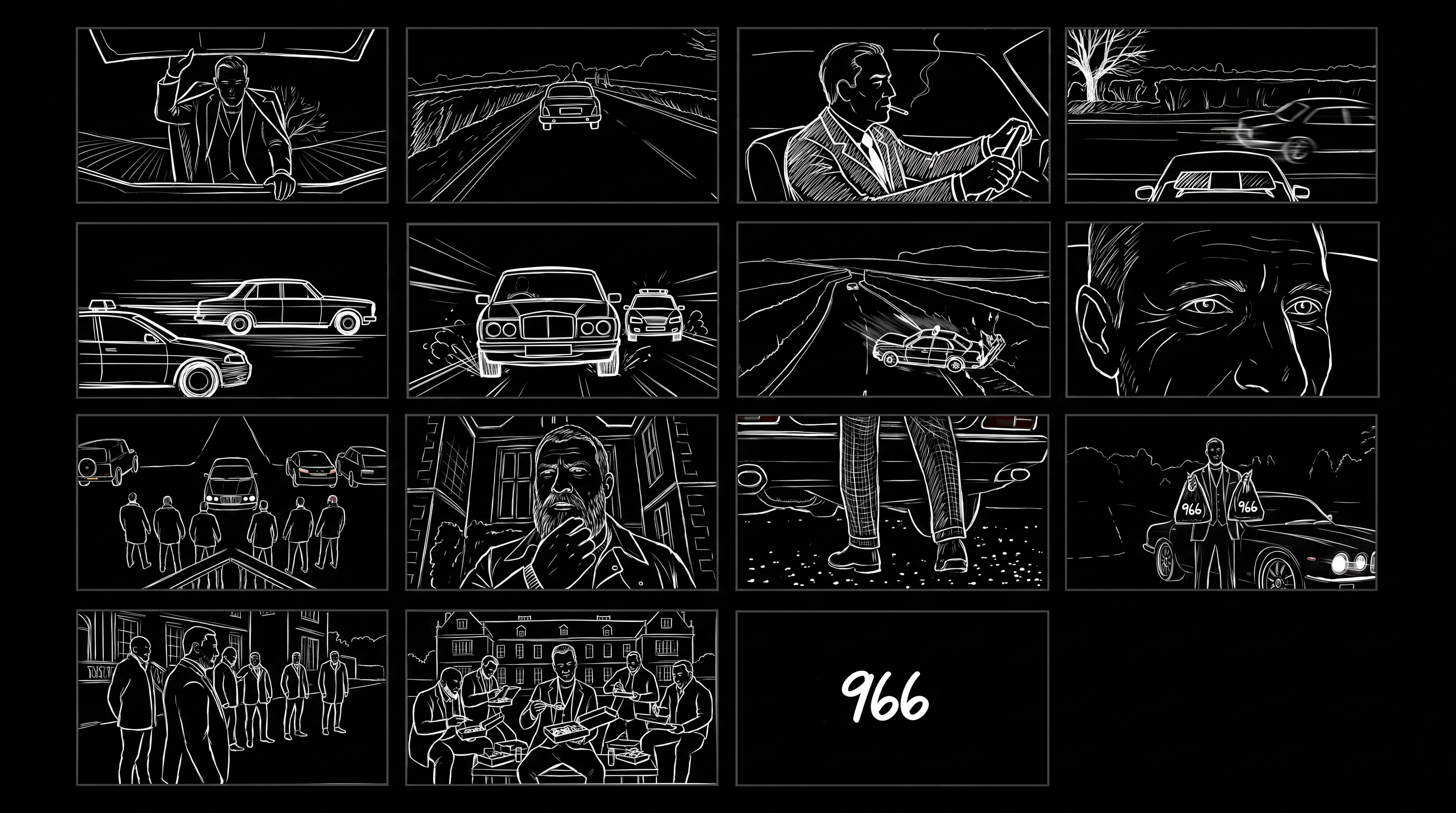 966 — storyboard: 14 frames from the drive to the 966 end card