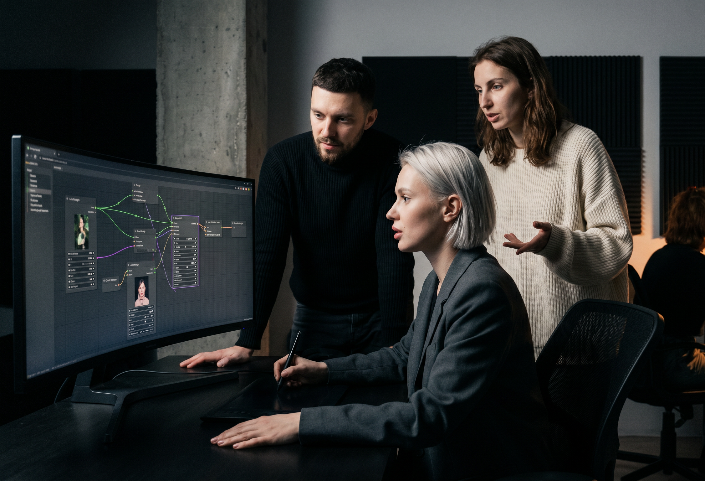 AAA team reviewing an AI generation graph on a curved studio monitor