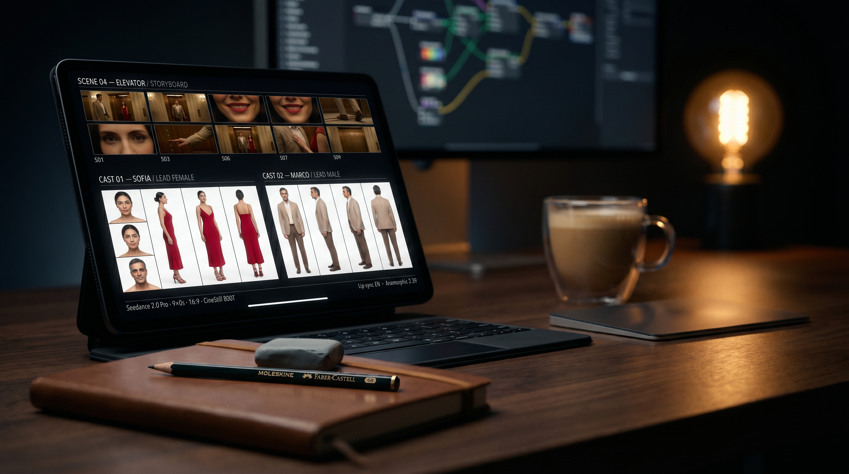 Storyboard and cast direction laid out on a studio tablet — Creative direction