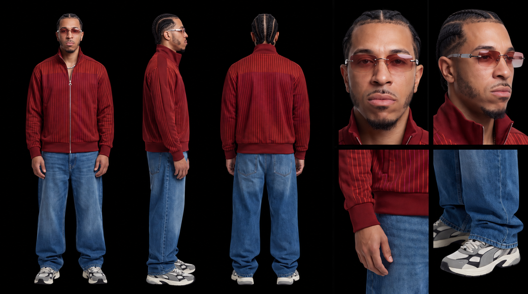 Betrix — identity sheet: hero in red track jacket and jeans
