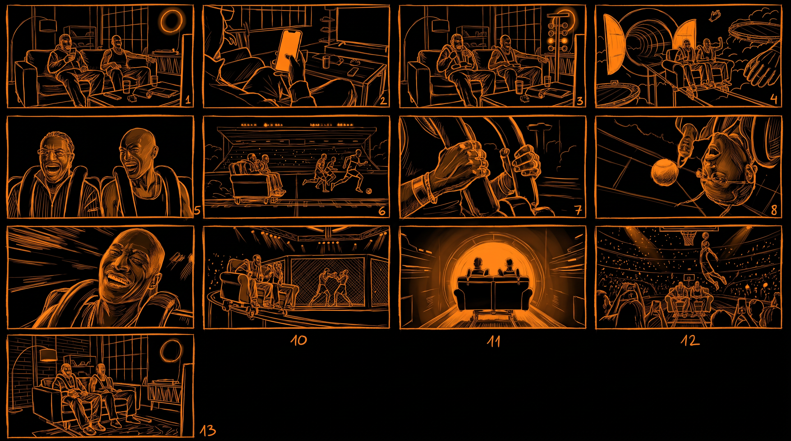 Betrix — storyboard: 13 frames from the living room through five sports worlds and back
