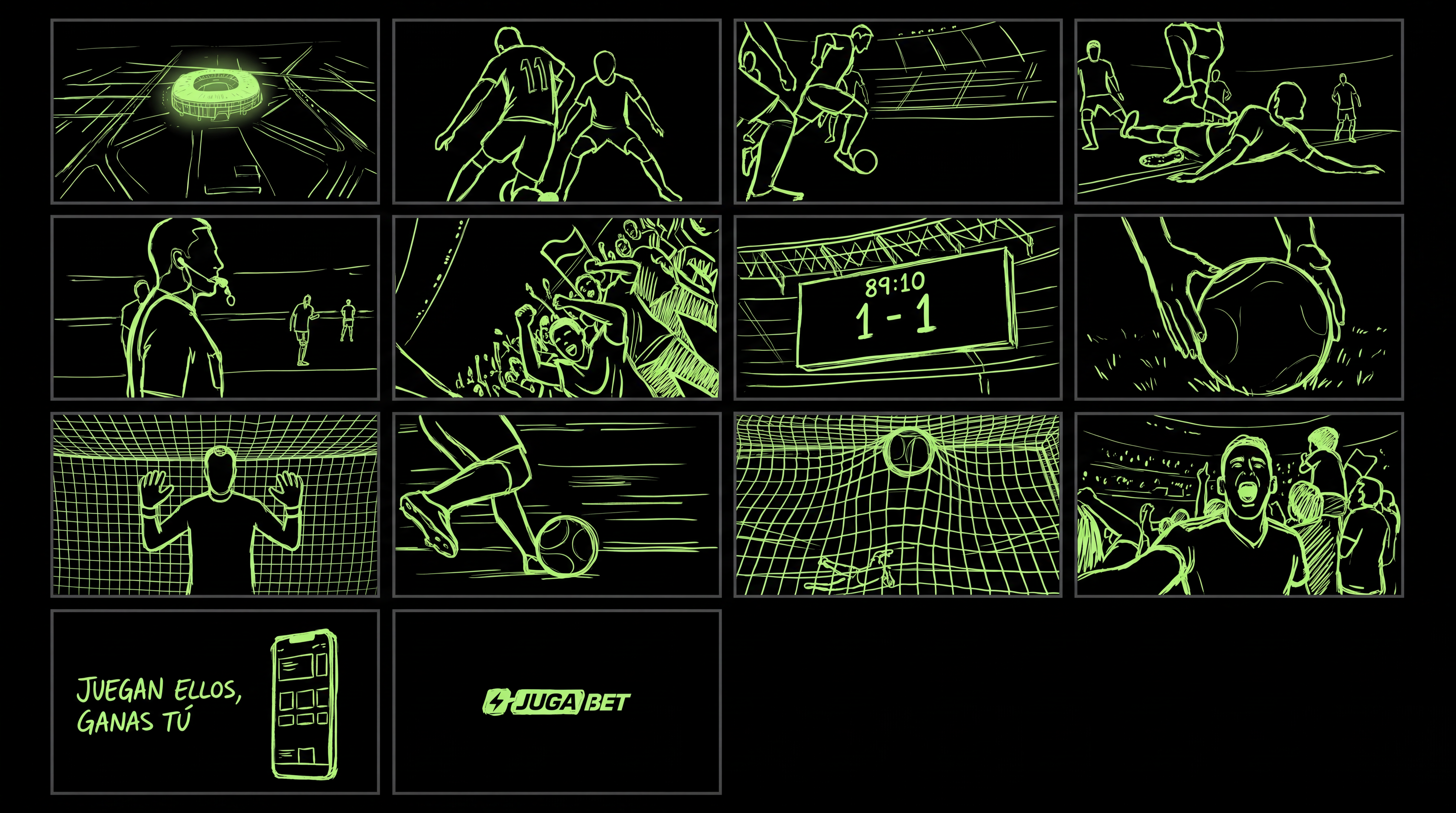 Jugabet — storyboard: 14 frames from stadium aerial to the Jugabet end card