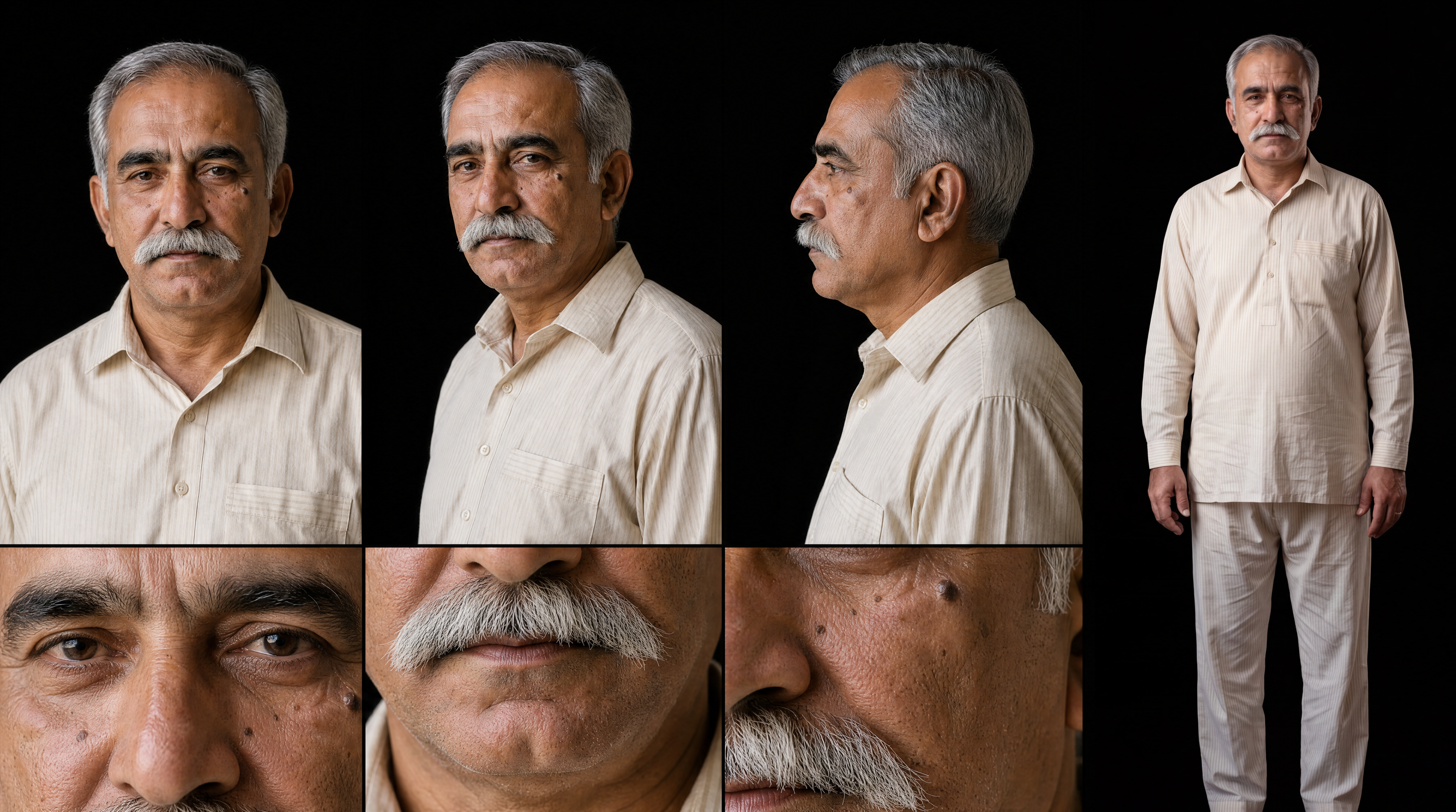 Prostal — character sheet: portraits, profile, full figure and facial close-ups