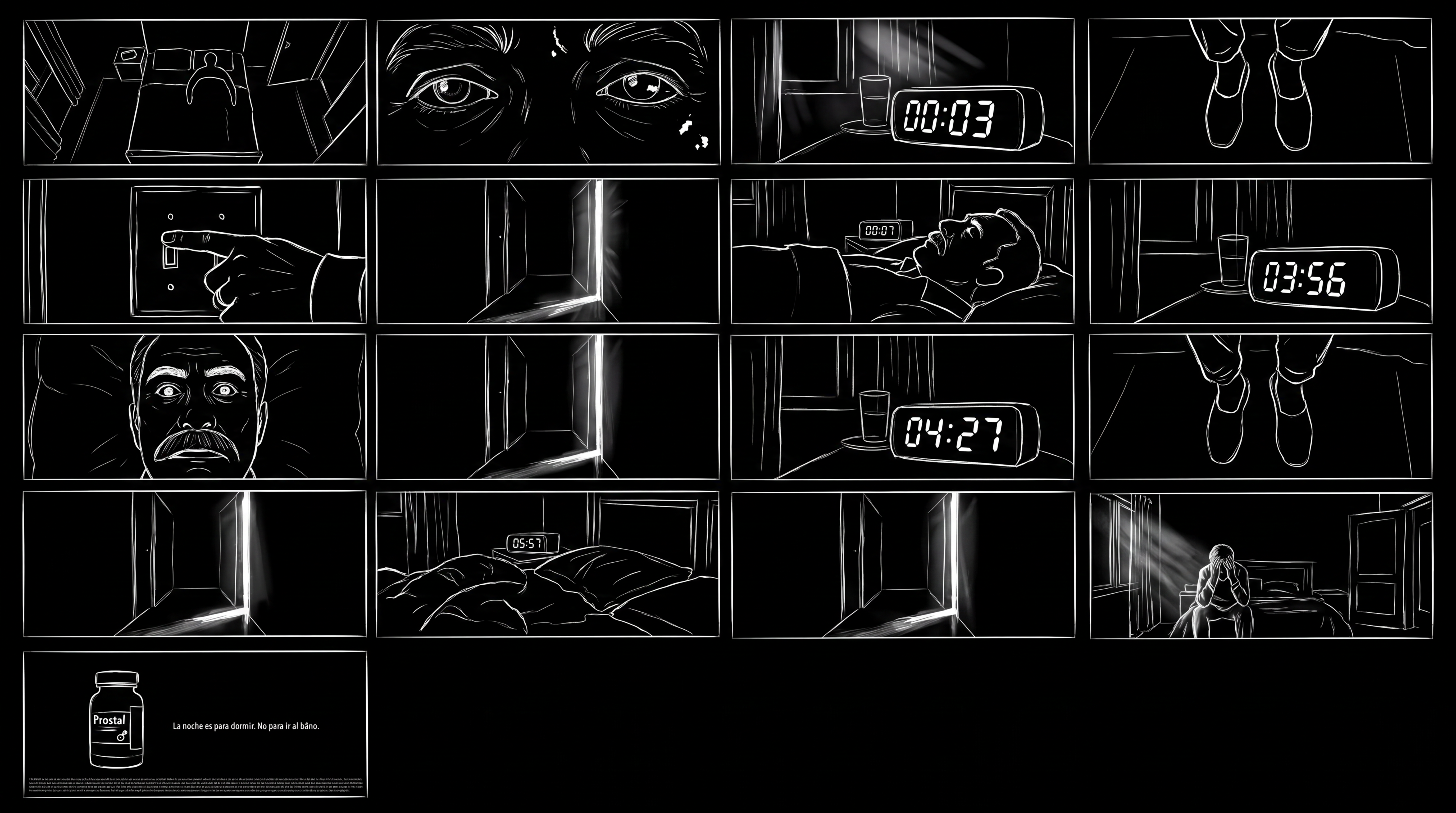 Prostal — storyboard: 16 black-and-white frames plus the colour product end card